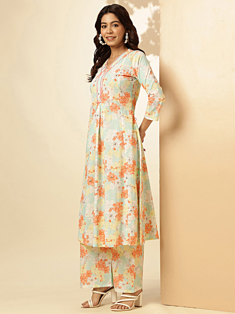 Orange Floral Printed Fit And Flare Cotton Stitched Kurta With Palazzo