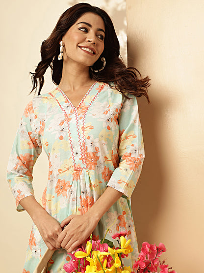 Orange Floral Printed Fit And Flare Cotton Stitched Kurta With Palazzo