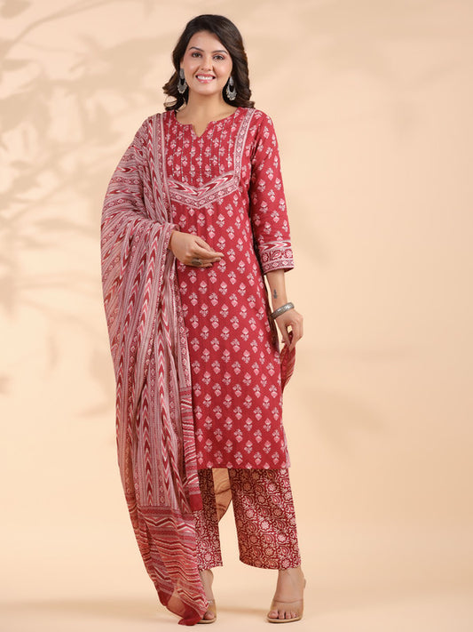 Maroon Floral Print With Sequence Work Straight Cotton Stitched Kurta Set