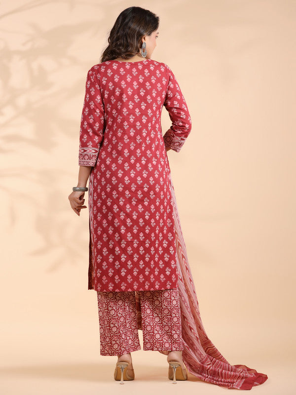 Maroon Floral Print With Sequence Work Straight Cotton Stitched Kurta Set