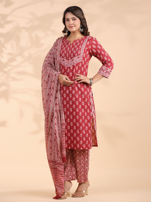 Maroon Floral Print With Sequence Work Straight Cotton Stitched Kurta Set