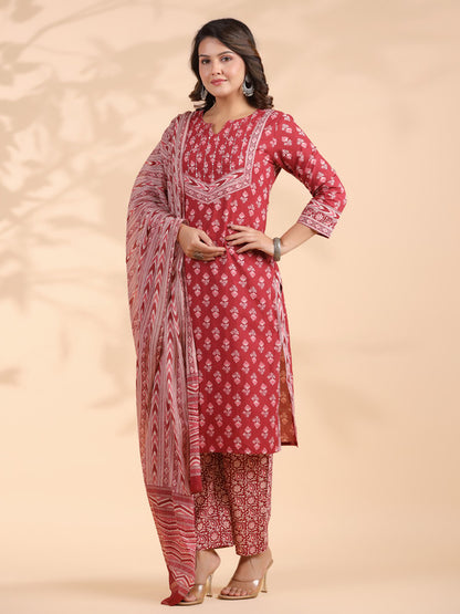 Maroon Floral Print With Sequence Work Straight Cotton Stitched Kurta Set