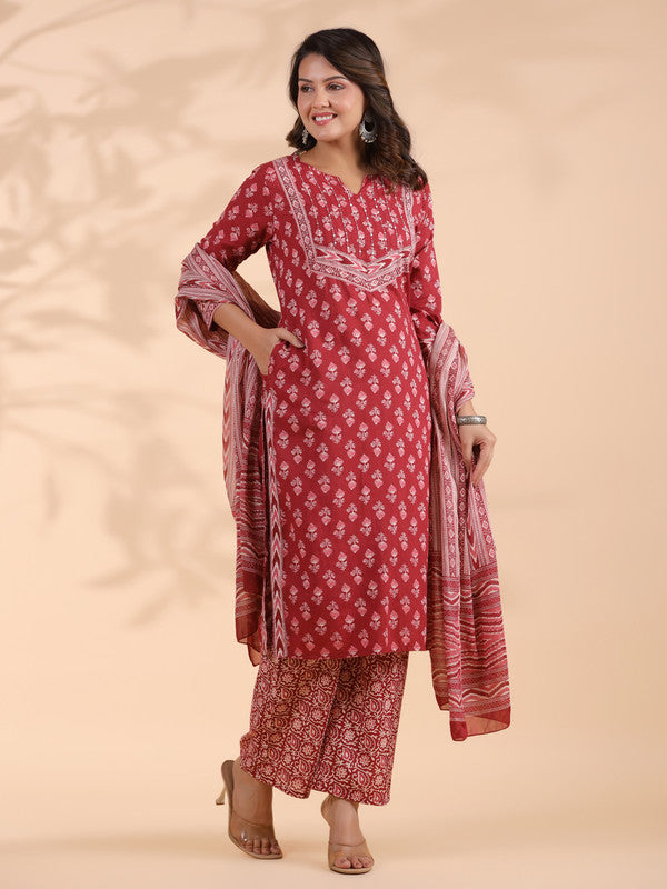 Maroon Floral Print With Sequence Work Straight Cotton Stitched Kurta Set