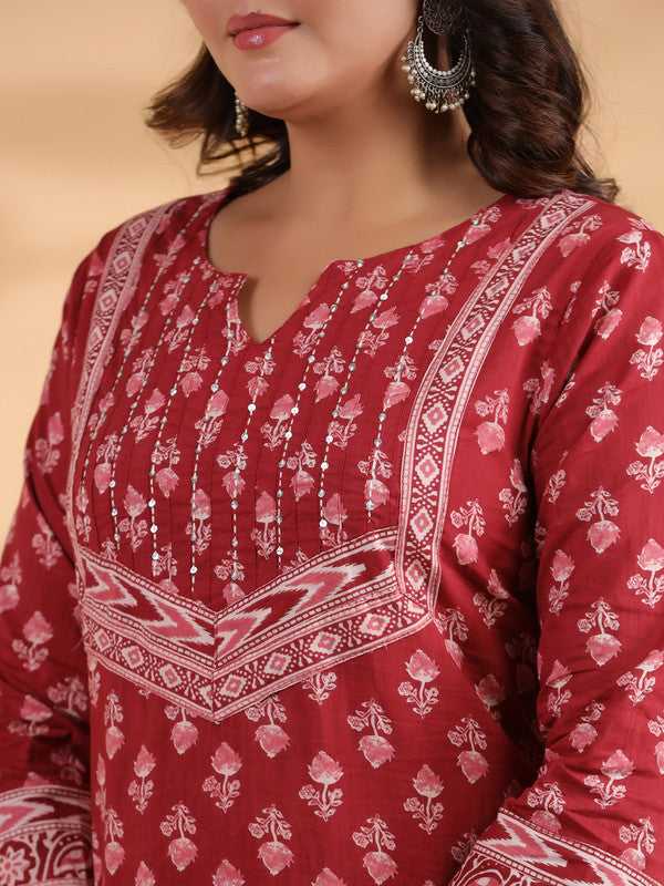 Maroon Floral Print With Sequence Work Straight Cotton Stitched Kurta Set