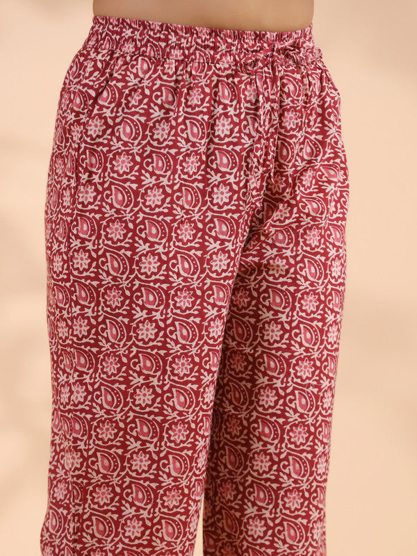 Maroon Floral Print With Sequence Work Straight Cotton Stitched Kurta Set