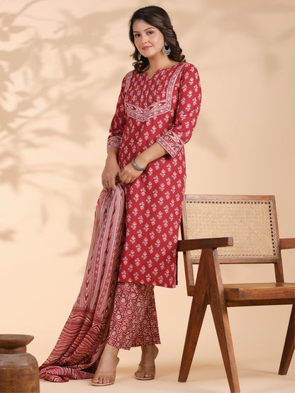 Maroon Floral Print With Sequence Work Straight Cotton Stitched Kurta Set