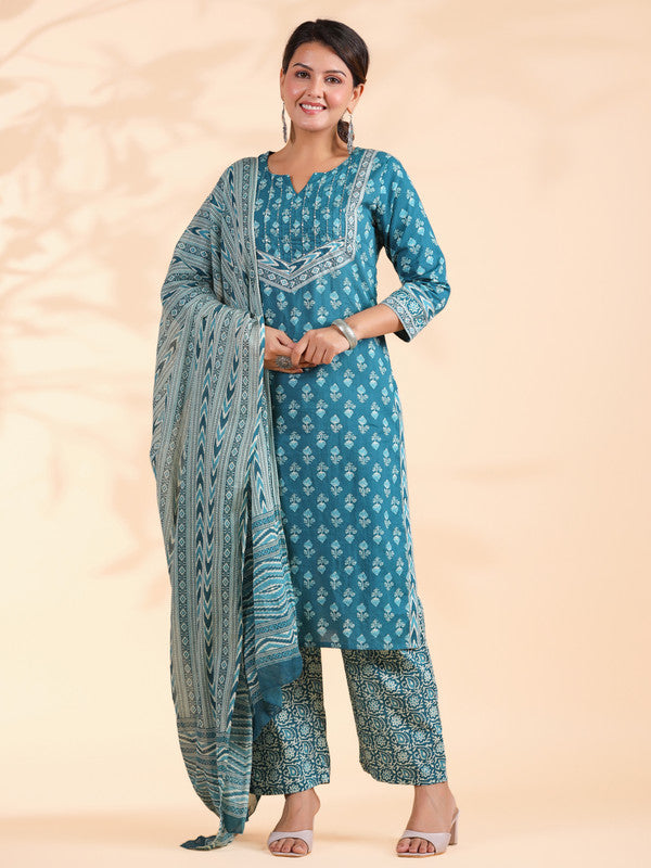 Turquoise Floral Print With Sequence Work Straight Cotton Stitched Kurta Set