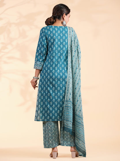 Turquoise Floral Print With Sequence Work Straight Cotton Stitched Kurta Set