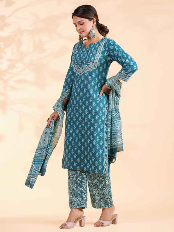 Turquoise Floral Print With Sequence Work Straight Cotton Stitched Kurta Set