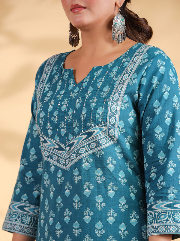 Turquoise Floral Print With Sequence Work Straight Cotton Stitched Kurta Set