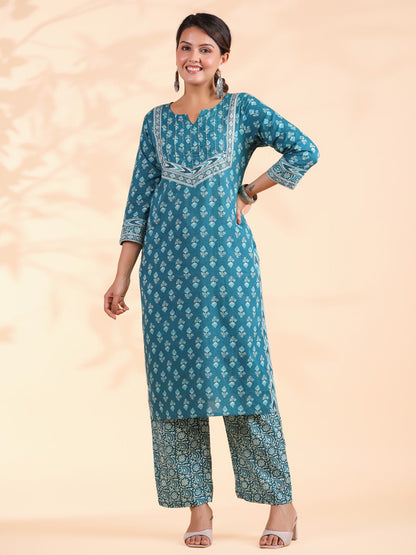 Turquoise Floral Print With Sequence Work Straight Cotton Stitched Kurta Set