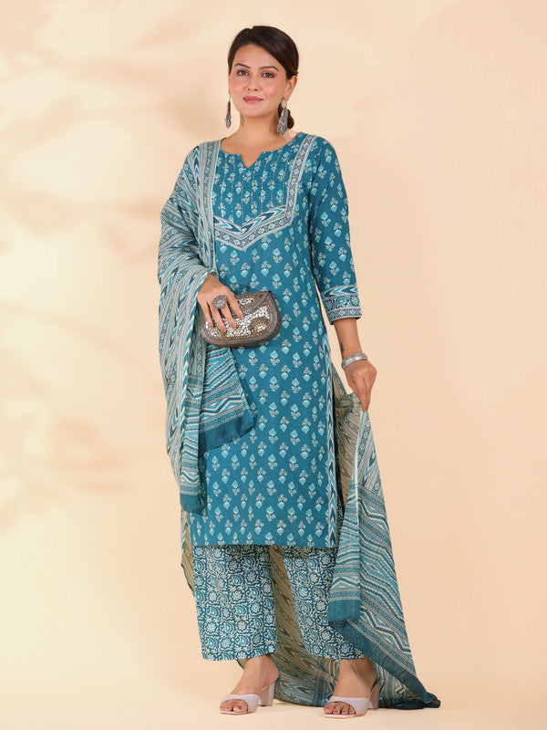 Turquoise Floral Print With Sequence Work Straight Cotton Stitched Kurta Set