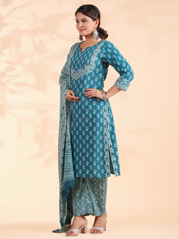 Turquoise Floral Print With Sequence Work Straight Cotton Stitched Kurta Set