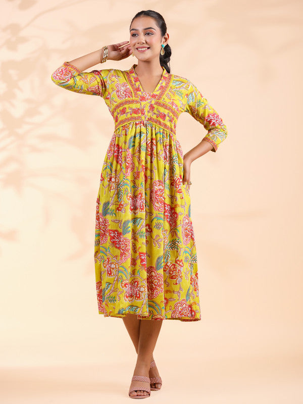 Yellow Floral Print  Cotton Alia Cut Dress