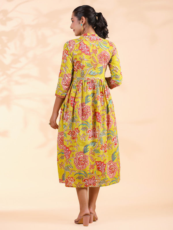 Yellow Floral Print  Cotton Alia Cut Dress