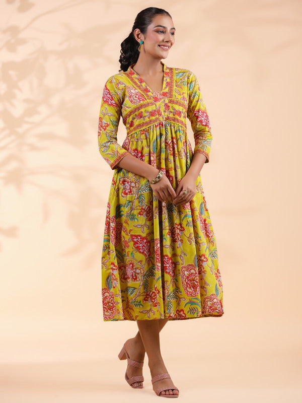 Yellow Floral Print  Cotton Alia Cut Dress