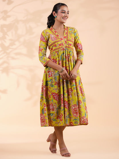 Yellow Floral Print  Cotton Alia Cut Dress