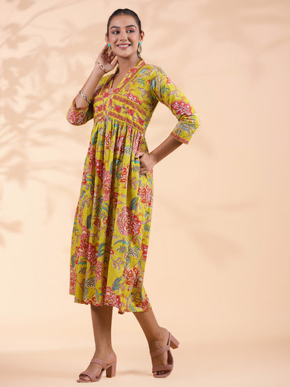 Yellow Floral Print  Cotton Alia Cut Dress