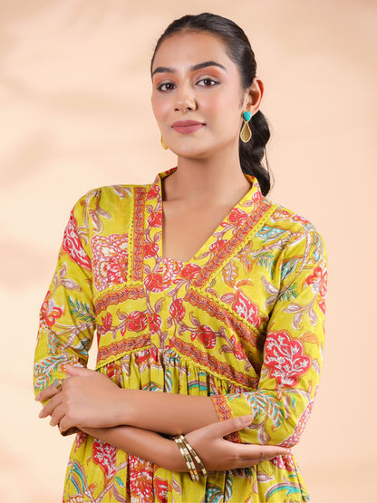 Yellow Floral Print  Cotton Alia Cut Dress