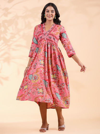 Pink Floral Print  Cotton Alia Cut Dress