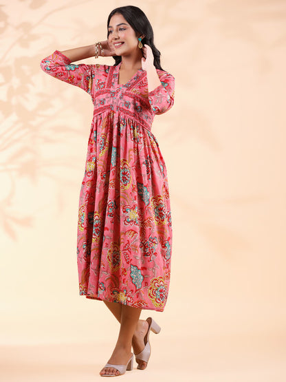 Pink Floral Print  Cotton Alia Cut Dress