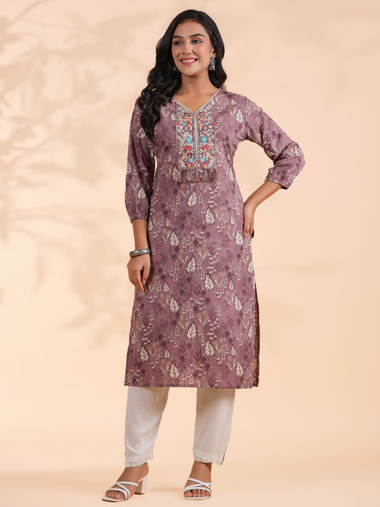 Lavender Floral Print Straight Cotton Stitched Kurta