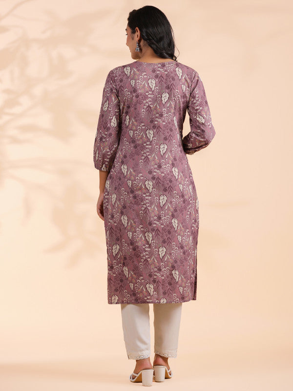 Lavender Floral Print Straight Cotton Stitched Kurta