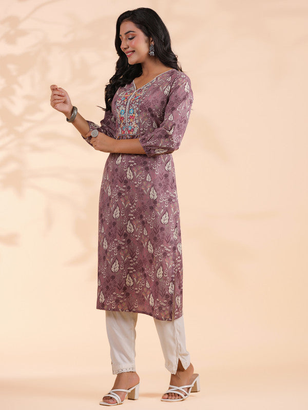 Lavender Floral Print Straight Cotton Stitched Kurta