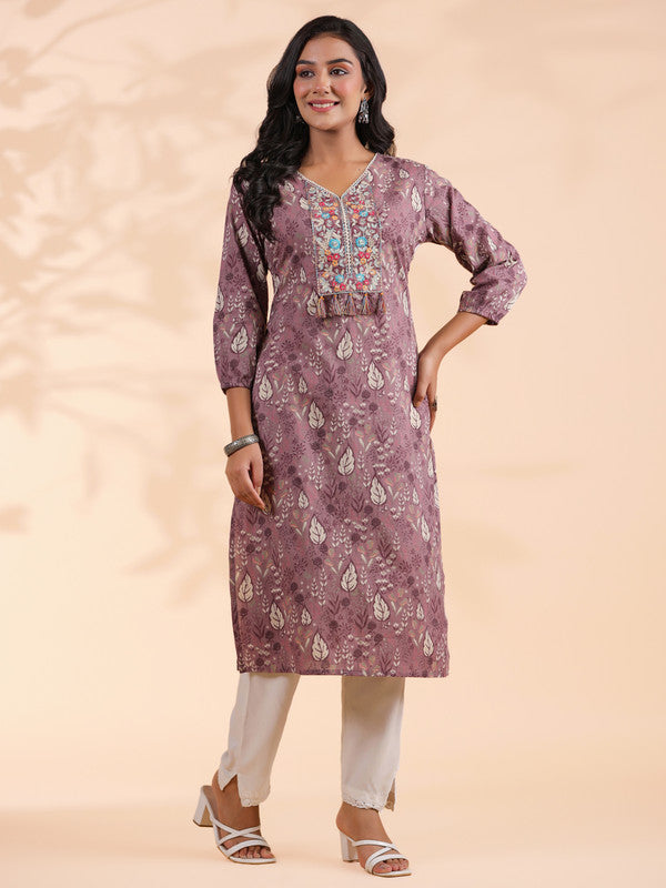 Lavender Floral Print Straight Cotton Stitched Kurta