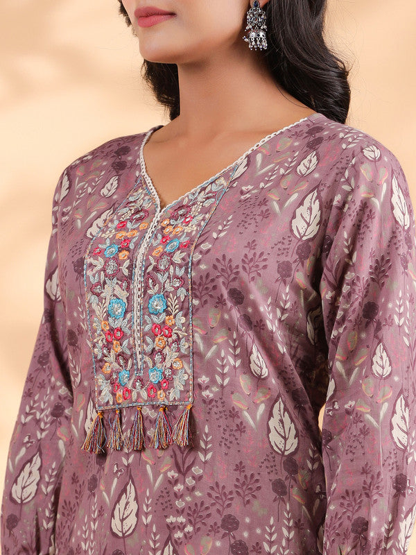 Lavender Floral Print Straight Cotton Stitched Kurta