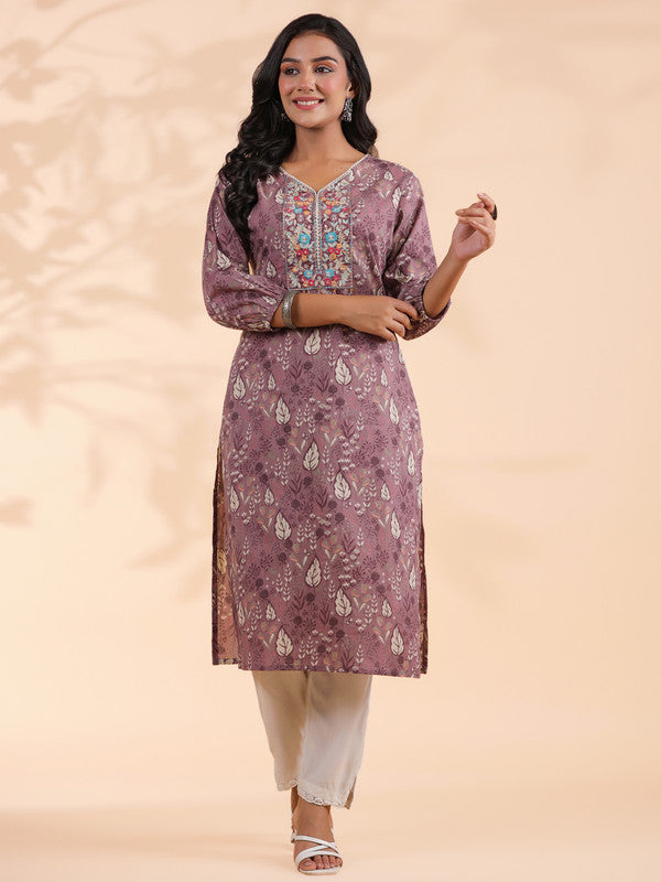 Lavender Floral Print Straight Cotton Stitched Kurta