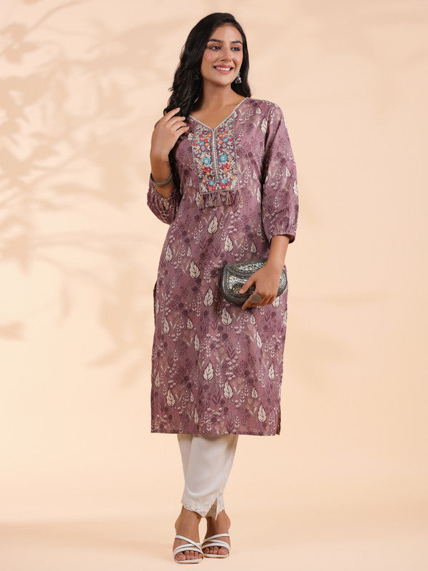 Lavender Floral Print Straight Cotton Stitched Kurta