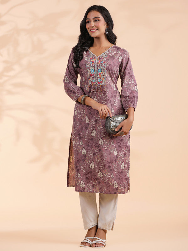 Lavender Floral Print Straight Cotton Stitched Kurta