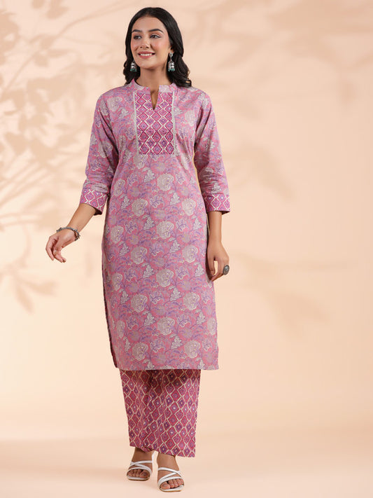 Pink Floral Print Straight Cotton Stitched Kurta With Palazzo