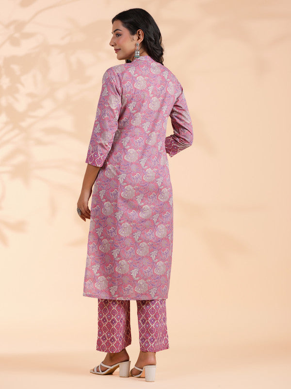 Pink Floral Print Straight Cotton Stitched Kurta With Palazzo