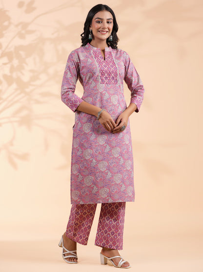 Pink Floral Print Straight Cotton Stitched Kurta With Palazzo