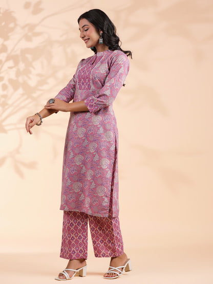 Pink Floral Print Straight Cotton Stitched Kurta With Palazzo