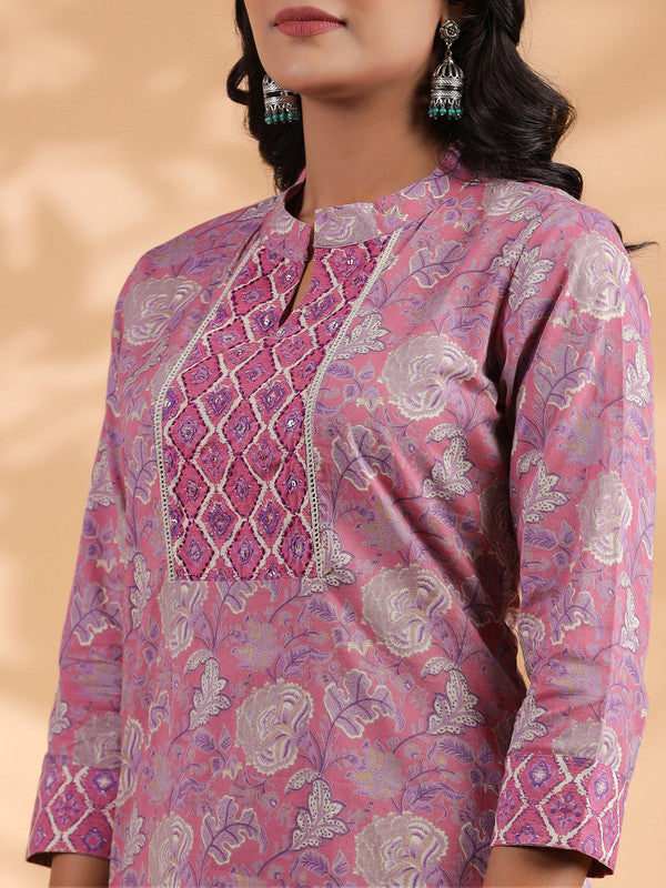 Pink Floral Print Straight Cotton Stitched Kurta With Palazzo