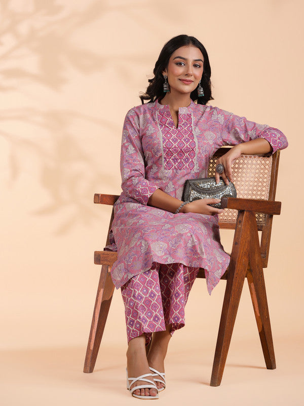 Pink Floral Print Straight Cotton Stitched Kurta With Palazzo