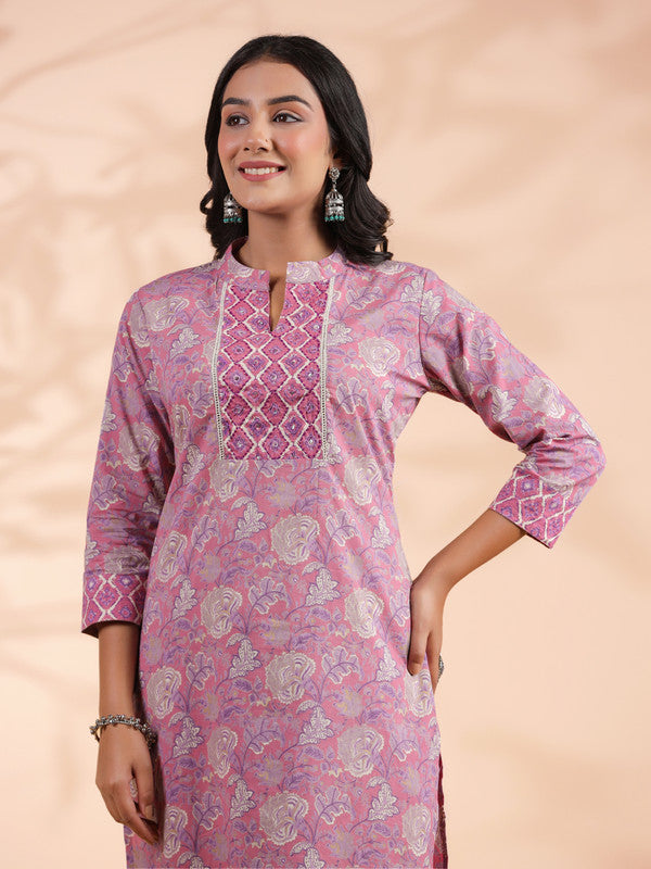 Pink Floral Print Straight Cotton Stitched Kurta With Palazzo