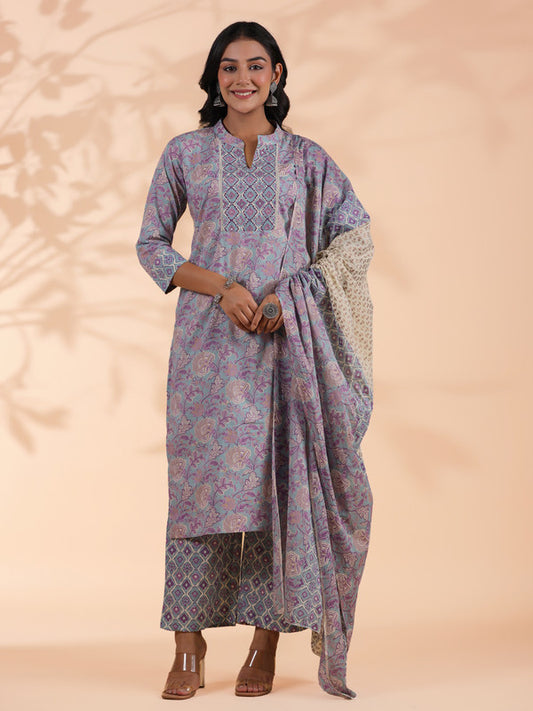 Sky Blue Floral Print Straight Cotton Stitched Kurta Set