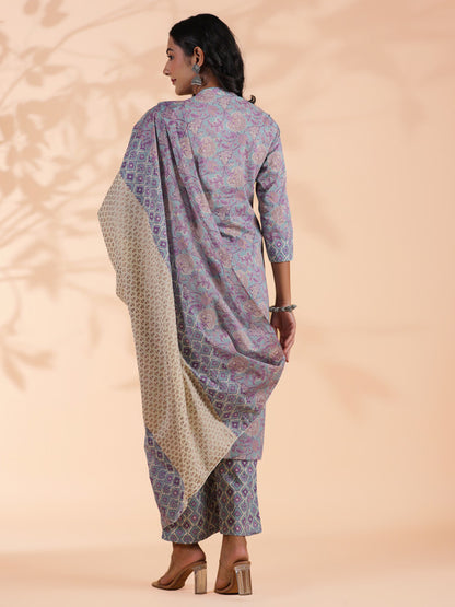 Sky Blue Floral Print Straight Cotton Stitched Kurta Set