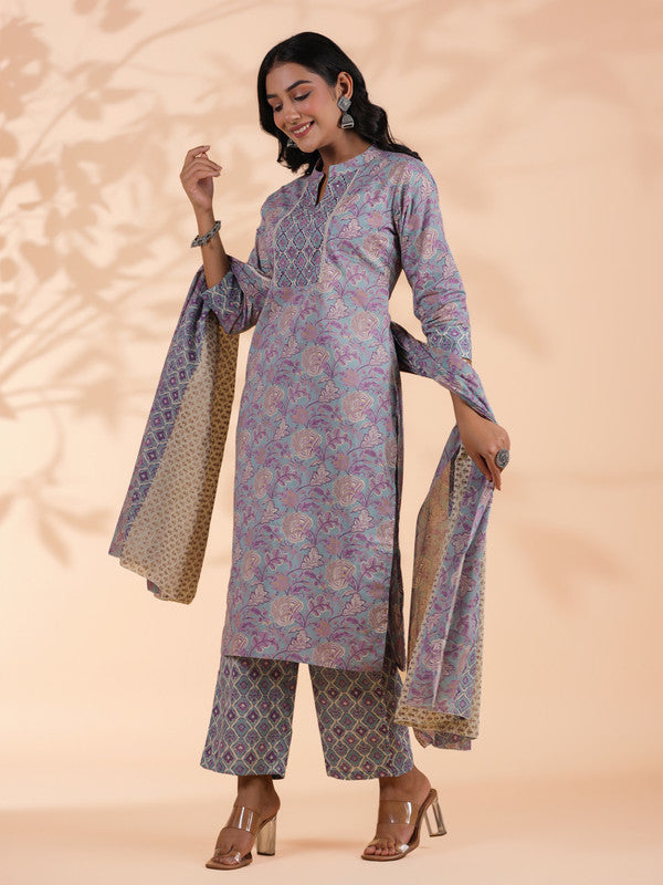 Sky Blue Floral Print Straight Cotton Stitched Kurta Set