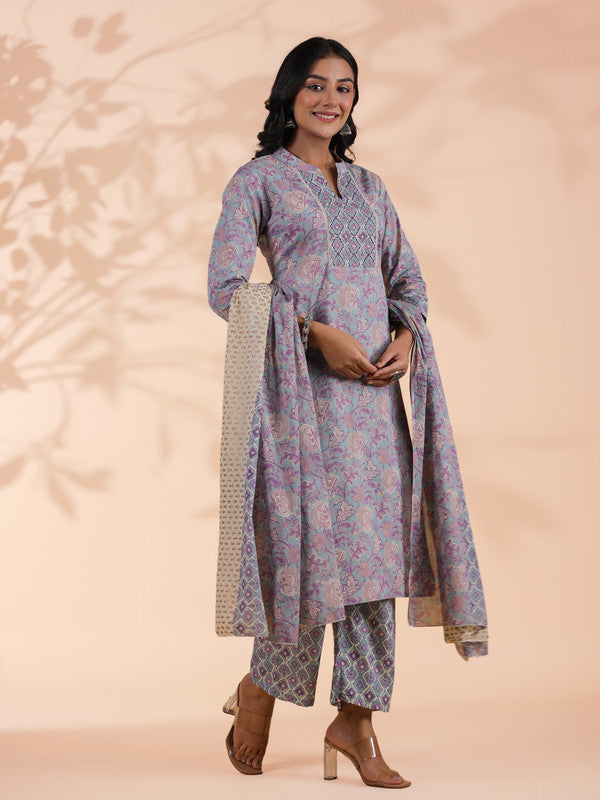 Sky Blue Floral Print Straight Cotton Stitched Kurta Set