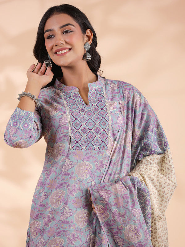 Sky Blue Floral Print Straight Cotton Stitched Kurta Set