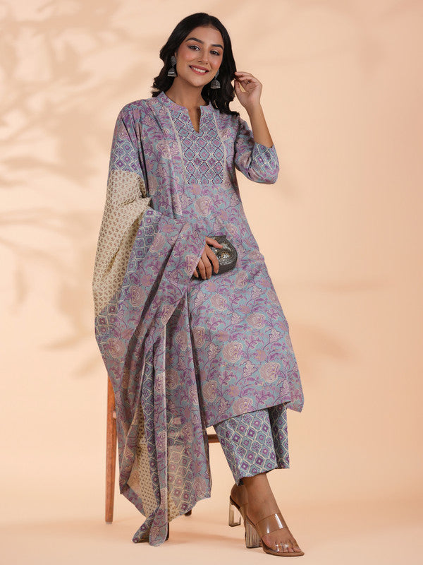 Sky Blue Floral Print Straight Cotton Stitched Kurta Set