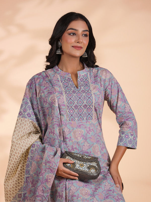 Sky Blue Floral Print Straight Cotton Stitched Kurta Set