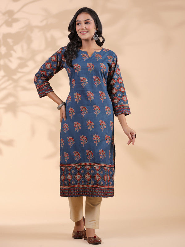 Blue Floral Print Straight Cotton Stitched Kurta