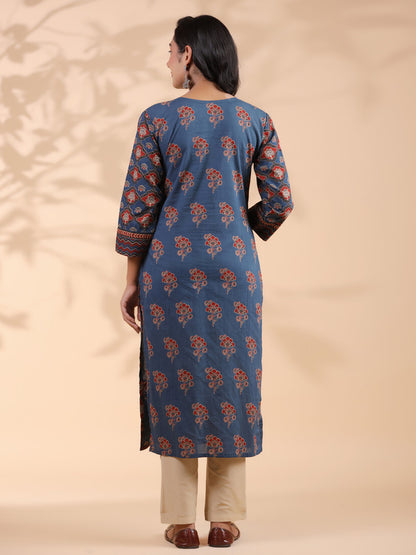 Blue Floral Print Straight Cotton Stitched Kurta