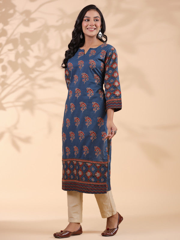 Blue Floral Print Straight Cotton Stitched Kurta